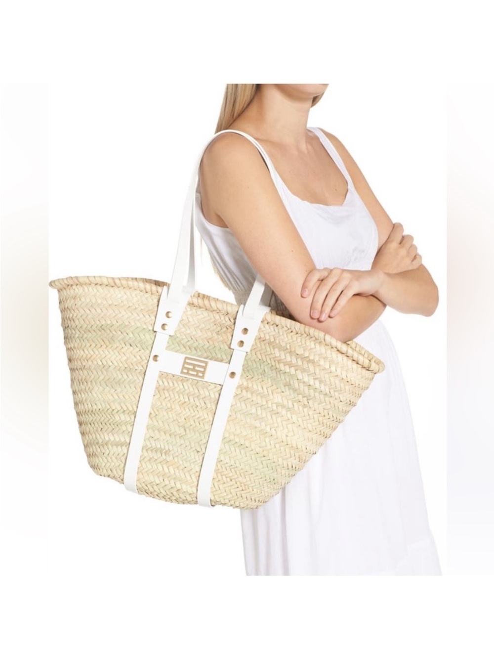 Frame Denim Natural Straw Tote with White Straps